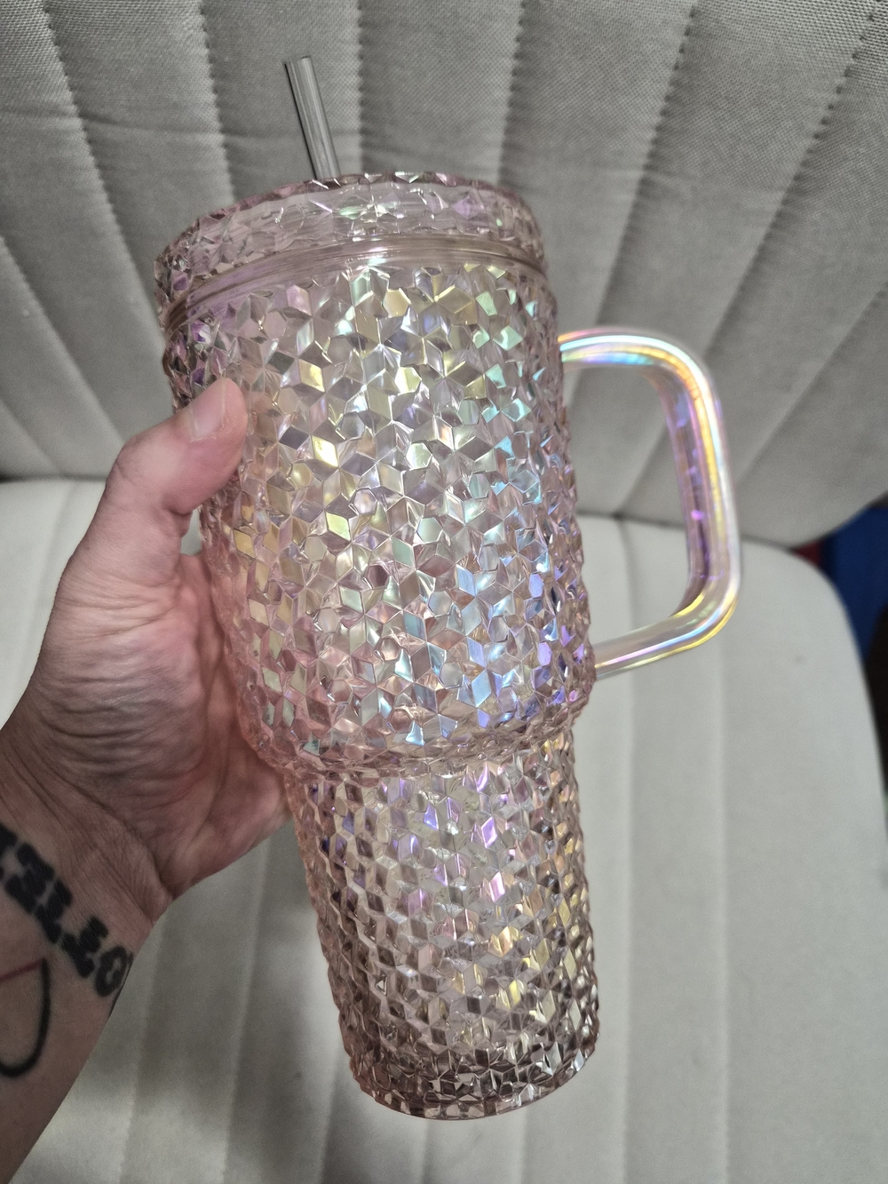 Iridescent Pink Faceted Travel Tumbler with Handle